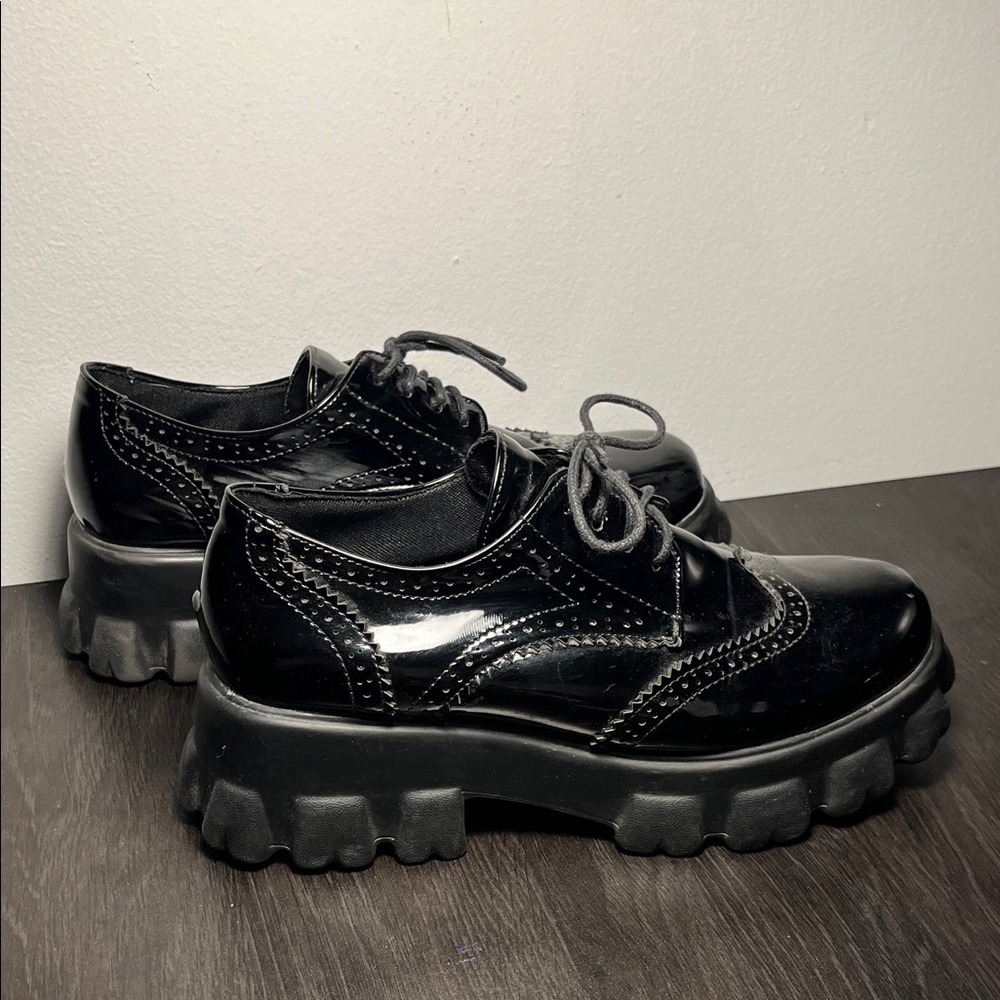 Black Faux Leather Platform Oxfords